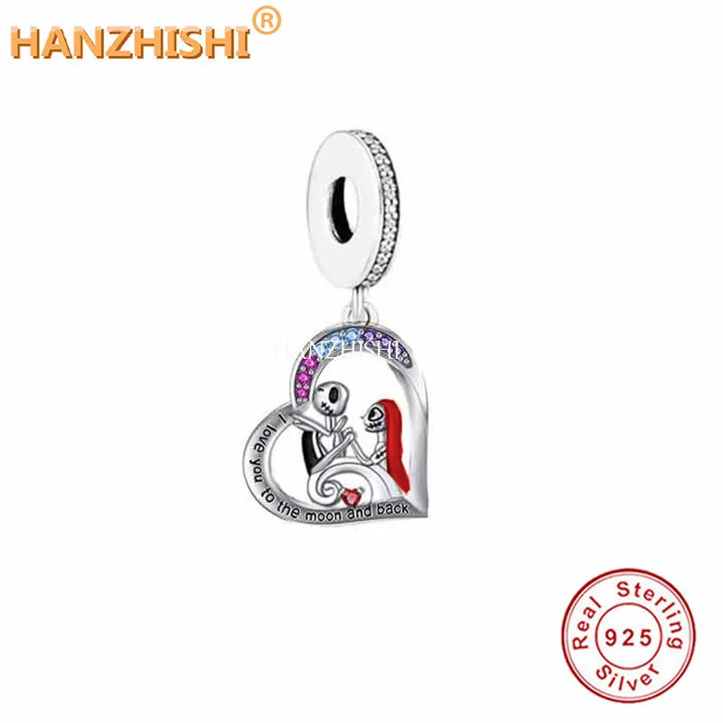 925 Silver Loving Skull Heart Dangle Charms Beads for Bracelet Necklace