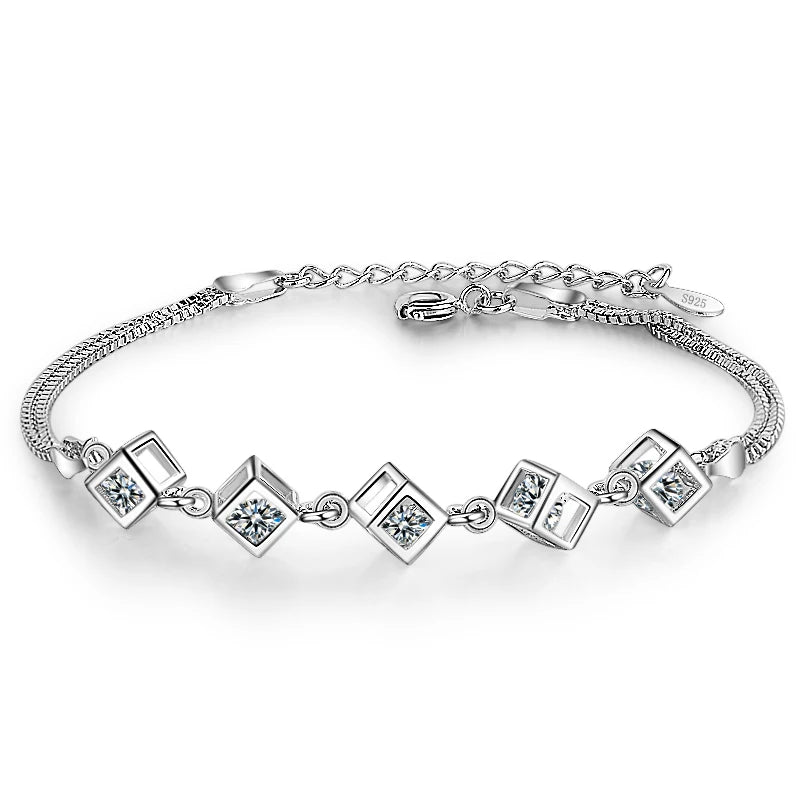 925 Sterling Silver Lucky Bracelets Cuff Cube Box charm Chain Bangle