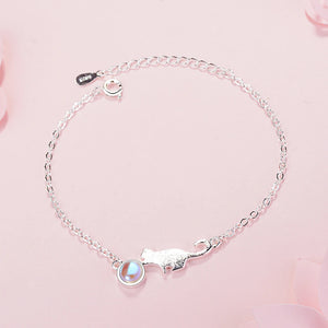 925 Silver Lucky Bracelets Moonlight Stone Cat Chain Bangle