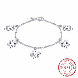 925 Silver Four Leaf Clover Charm Bracelet Crystal Link Chain