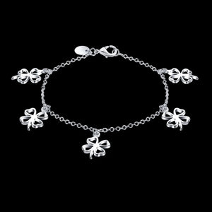 925 Silver Four Leaf Clover Charm Bracelet Crystal Link Chain