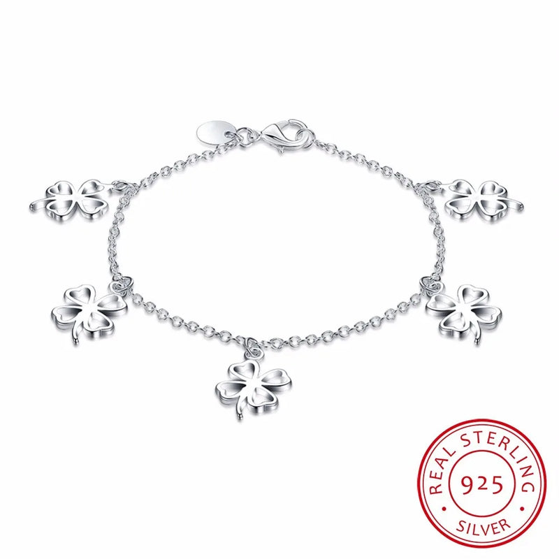 925 Silver Four Leaf Clover Charm Bracelet Crystal Link Chain