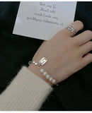 925 Silver Lucky Letter Pearl Square Bracelet Retro Light Jewelry