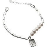925 Silver Lucky Letter Pearl Square Bracelet Retro Light Jewelry