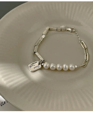 925 Silver Lucky Letter Pearl Square Bracelet Retro Light Jewelry