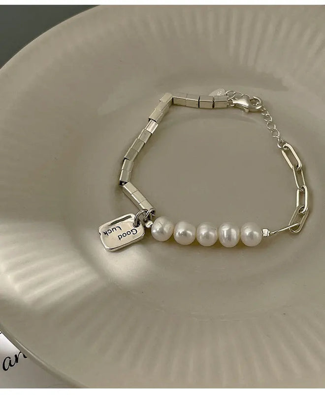 925 Silver Lucky Letter Pearl Square Bracelet Retro Light Jewelry
