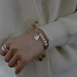 925 Silver Lucky Letter Pearl Square Bracelet Retro Light Jewelry