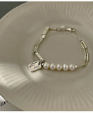 925 Silver Lucky Letter Pearl Square Bracelet Retro Light Jewelry