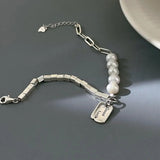 925 Silver Lucky Letter Pearl Square Bracelet Retro Light Jewelry