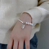 925 Silver Lucky Letter Pearl Square Bracelet Retro Light Jewelry