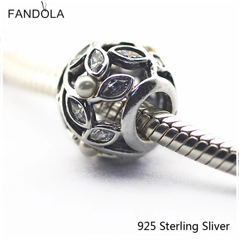 925 Silver Leaves Charm with CZ for DIY Bracelets