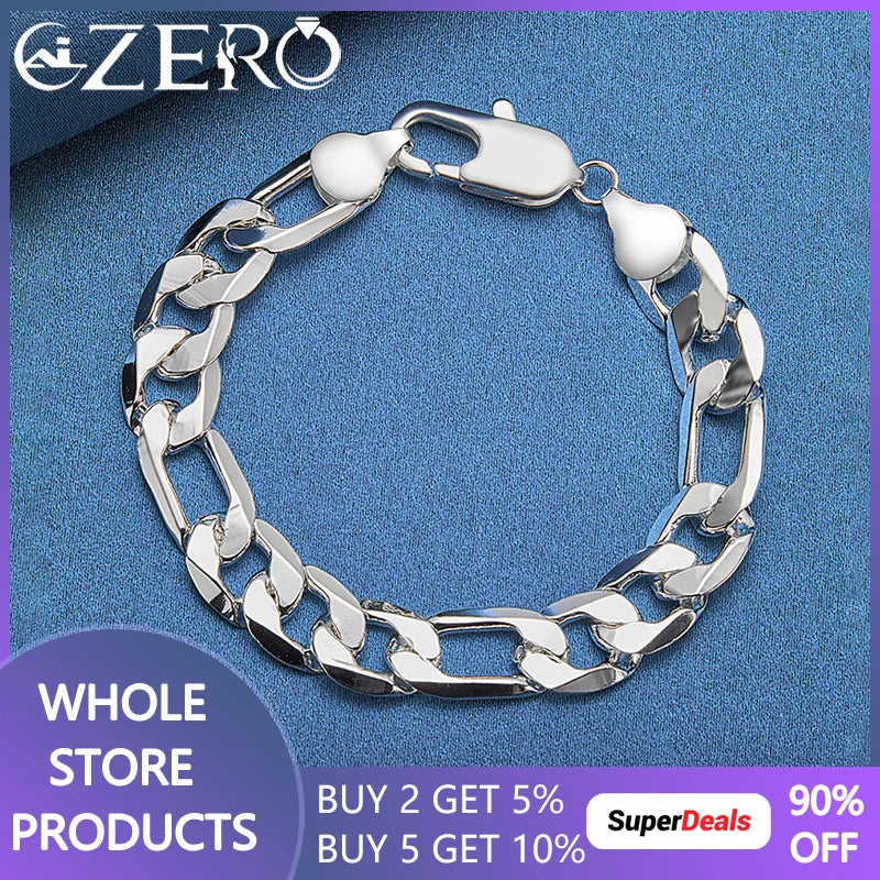 925 Silver 12mm Chain Bracelet Wedding Party Jewelry Gift