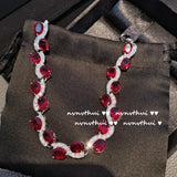 925 Silver Bracelet Red Cubic Zirconia Charm Wedding Bridal Jewelry