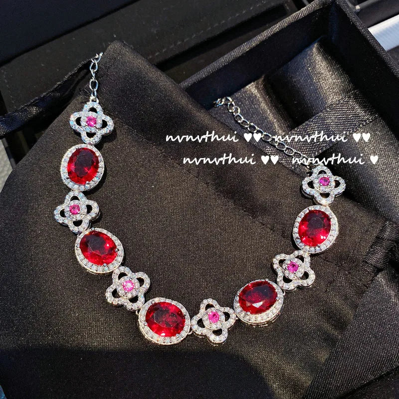 925 Silver Bracelet Red Cubic Zirconia Charm Wedding Bridal Jewelry
