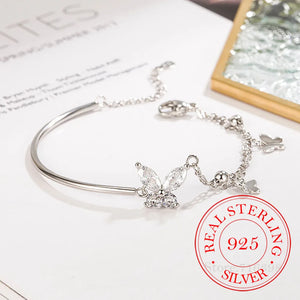 925 Silver Crystal Butterfly Charm Chain Bracelet Women's Luck Bracelet