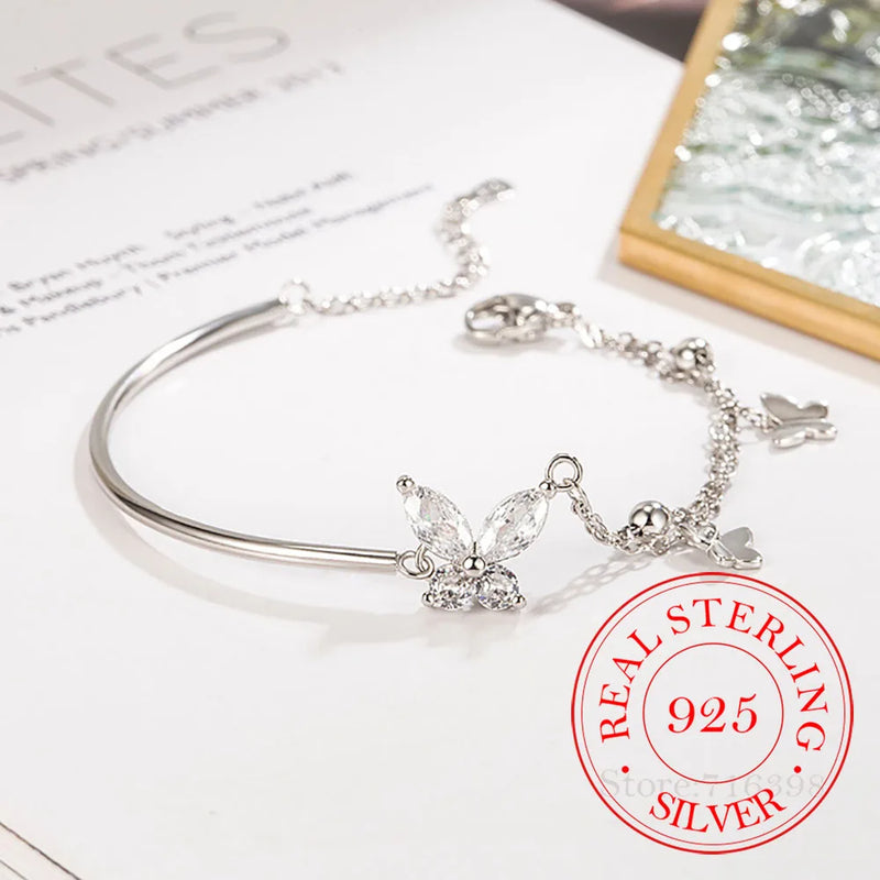 925 Silver Crystal Butterfly Charm Chain Bracelet Women's Luck Bracelet