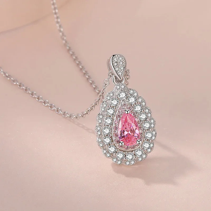 925 Silver Crystal Necklace Light Pink Yellow Pendants for Woman