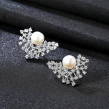 925 Silver CZ Freshwater Pearl Stud Earrings For Women