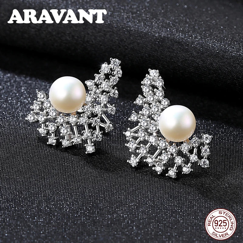 925 Silver CZ Freshwater Pearl Stud Earrings For Women