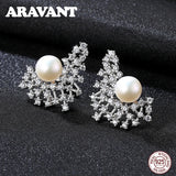 925 Silver CZ Freshwater Pearl Stud Earrings For Women