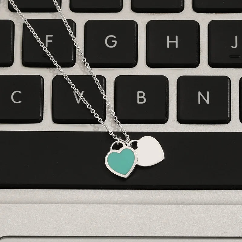 925 Silver Love Necklace Pink Heart-shaped Pendant