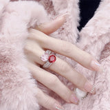 925 Silver Zircon Pink Gemstone Ring for Party Adjustable Reception Jewelry