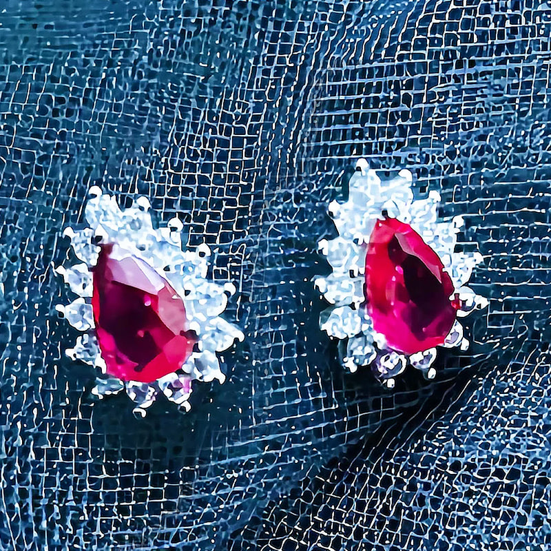 925 Silver Water Drop Stud Earrings Red Clear Zirconia Fine Jewelry