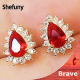 925 Silver Water Drop Stud Earrings Red Clear Zirconia Fine Jewelry