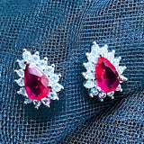 925 Silver Water Drop Stud Earrings Red Clear Zirconia Fine Jewelry