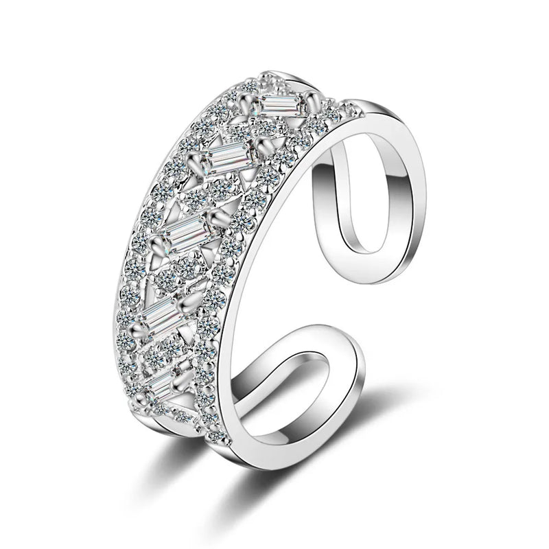 925 Sterling Silver Zirconia Double Layer Ring Women Adjustable