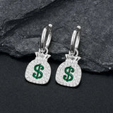 925 Silver MONEY BAG Earrings Iced Out CZ Hip Hop Jewelry