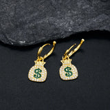 925 Silver MONEY BAG Earrings Iced Out CZ Hip Hop Jewelry