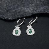 925 Silver MONEY BAG Earrings Iced Out CZ Hip Hop Jewelry