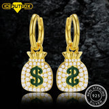 925 Silver MONEY BAG Earrings Iced Out CZ Hip Hop Jewelry