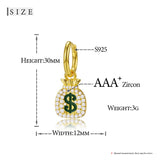 925 Silver MONEY BAG Earrings Iced Out CZ Hip Hop Jewelry