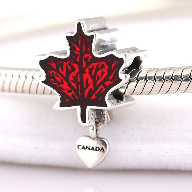 925 Silver Maple Leaf Love Canada Dangle Charm Beads Pendant