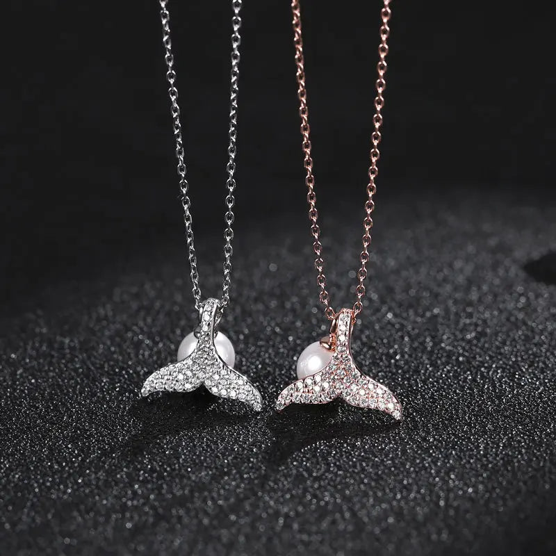 925 Silver Mermaid Fish Tail Pearl Clavicle Chain Necklace Women Jewelry