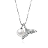 925 Silver Mermaid Fish Tail Pearl Clavicle Chain Necklace Women Jewelry