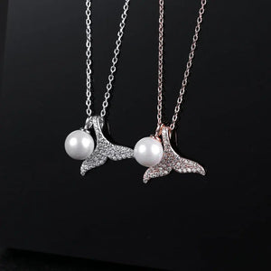 925 Silver Mermaid Fish Tail Pearl Clavicle Chain Necklace Women Jewelry