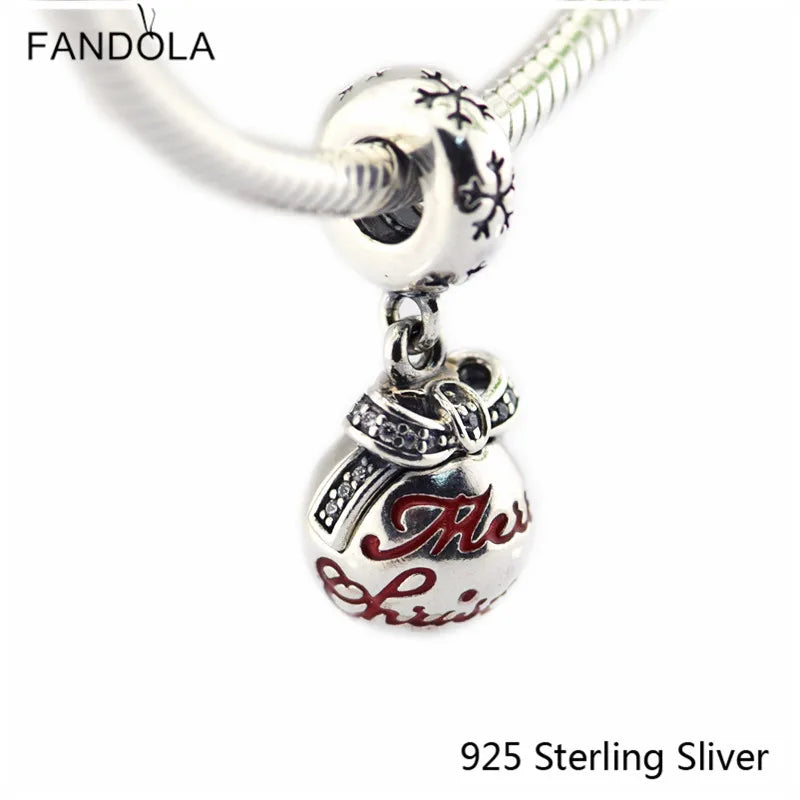925 Silver Christmas Bauble Charm Red Enamel DIY Bracelet Jewelry