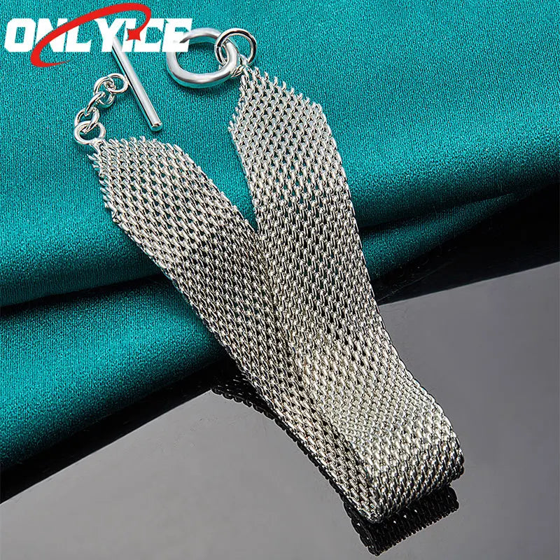925 Silver Mesh Braided Bar Round Buckle Bracelet Glam Party Wedding Jewelry