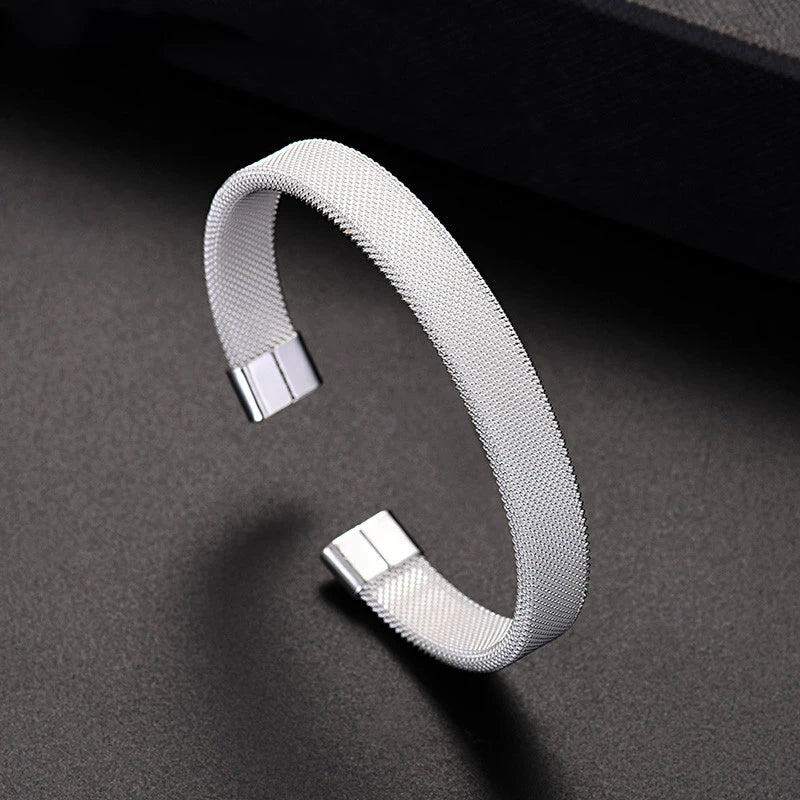 925 Silver Mesh Open Bracelet Men Women Wedding Engagement Jewelry