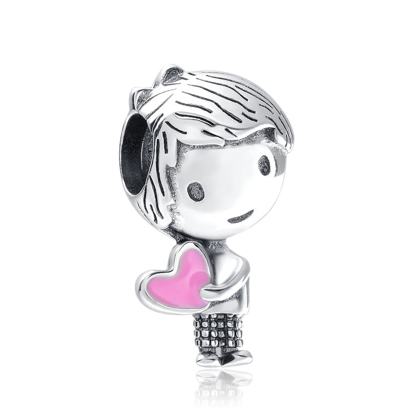 925 Silver Family Charm Beads Boy Girl Pendant Bracelet DIY Jewelry