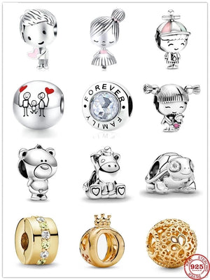 925 Silver Family Charm Beads Boy Girl Pendant Bracelet DIY Jewelry