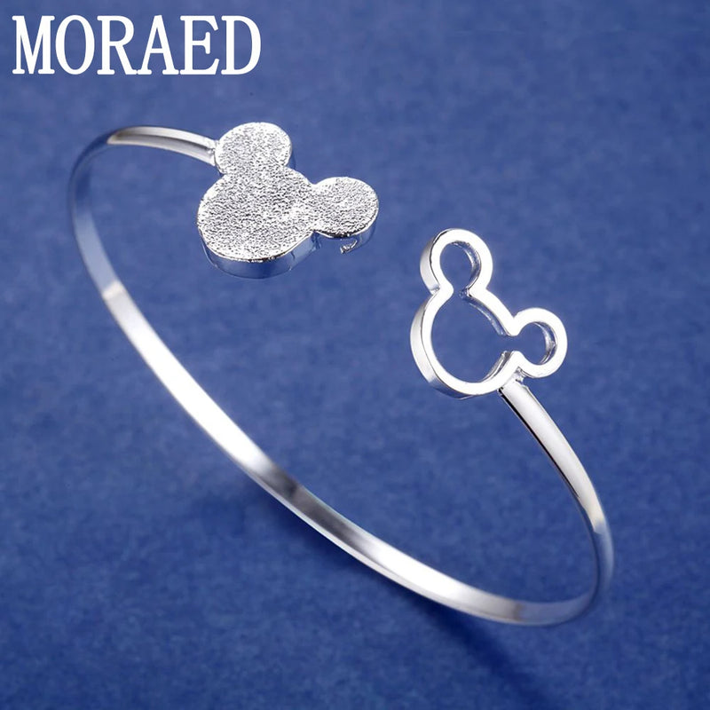 925 Silver Mickey Open Bangle Women Bracelet Charm Jewelry Gift