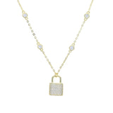 925 Silver CZ Sparking Padlock Charm CZ Station Chain Necklace