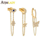 925 Silver CZ Hamsa Hand Tassel Chain Earrings