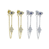925 Silver CZ Hamsa Hand Tassel Chain Earrings