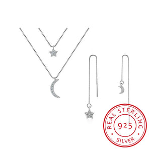 925 Silver Moon Star Necklace+Earrings Set for Women