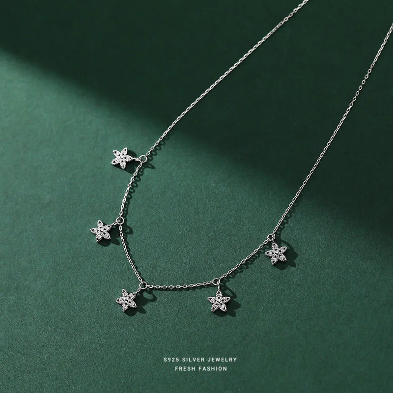 925 Silver Zircon Flower Tassel Pendant Necklace for Women